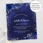 Lámina Invitación presupuestaria floral de la marina de c<br><div class="desc">Un fondo azul marino,  decorado con purpurinas de plata falsa,  chispas y flores azules. El color azul es desigual. Personalice y agregue un nombre y detalles del fiesta. 1 hoja = 1 borde impreso de invitación</div>