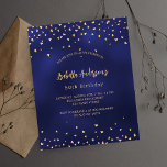 Lámina Invitación presupuestaria para corazones de oro az<br><div class="desc">Un fondo azul marino decorado con corazones dorados. El color azul es desigual. Personalice y agregue su nombre y detalles del fiesta. 1 hoja = 1 borde impreso de invitación al borde.</div>