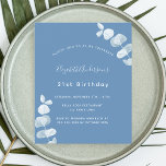 Lámina Invitación presupuestaria para eucalipto azul polv<br><div class="desc">Un fondo azul polvoriento,  decorado con tallos de eucaliptos,  brotes. Personalice y agregue un nombre y detalles del fiesta.</div>