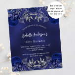 Lámina Invitación presupuestaria para las flores azules d<br><div class="desc">Un fondo azul marino,  decorado con rosas azules y flores. El color azul es desigual. Personalice y agregue un nombre y detalles del fiesta. Atrás: araña azul marino y máscaras de plata falsa. 1 hoja = 1 borde impreso de invitación al borde.</div>