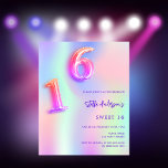 Lámina Invitación presupuestaria para neón holográfico ro<br><div class="desc">Invitación a una fiesta de Sweet 16, chica y femenina. Un fondo de color arcoiris, holográfico, morado, rosa, verde menta, oro rosa. Personalice y agregue un nombre y detalles del fiesta. El nombre está escrito con un guión de estilo con letras a mano, letras de color púrpura. El número 16...</div>