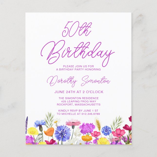 Lámina INVITACIÓN Presupuesto Cumpleaños 50 Flor Silvestr (Anverso)
