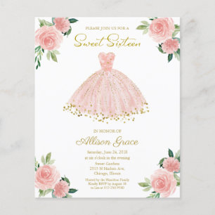 Lámina Invitación Presupuesto Sweet 16 Vestido Rosa Dorad