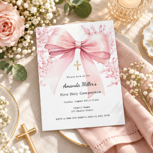 Lámina Invitación Primera Comunión niña con flores y lazo