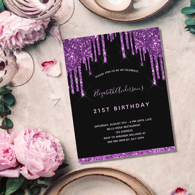 Lámina Invitación púrpura del purpurina negro de cumpleañ (Subido por el creador)