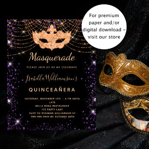 Lámina Invitación púrpura negra a la mascarada de Quincea