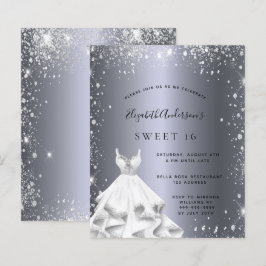 Lámina Invitación purpurina de vestido dulce 16 de plata
