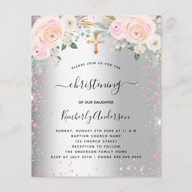 Lámina Invitación purpurina floral rosa plateado de Navid (Anverso)