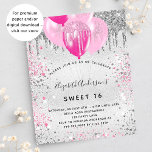 Lámina Invitación purpurina rosa plateado dulce de 16 año<br><div class="desc">Para un elegante dulce 16,  16 cumpleaños. Un fondo falso plateado. Decorado con purpurinas y globos rosa y falso plateado. Personalice y agregue un nombre,  edad y detalles del fiesta. El nombre se escribe con un guión de estilo con letras a mano</div>