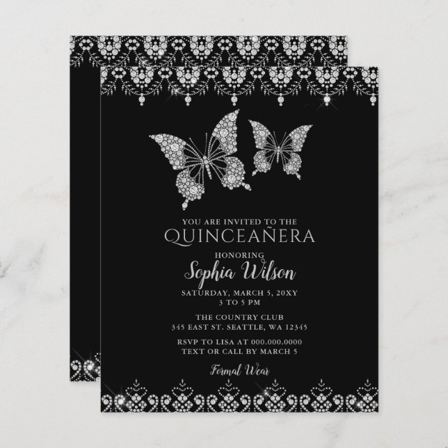 Lámina Invitación Quinceañera a las mariposas de encaje p (Anverso / Reverso)
