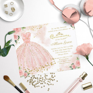 Lámina Invitación Quinceañera Bilingüe Vestido Rosa Presu