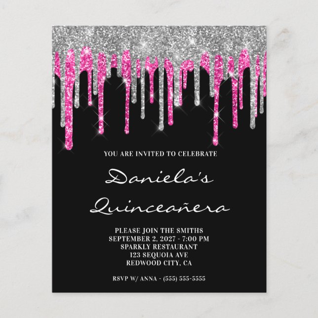 Lámina Invitación Quinceañera con Brillo Rosa Caliente Pl (Anverso)