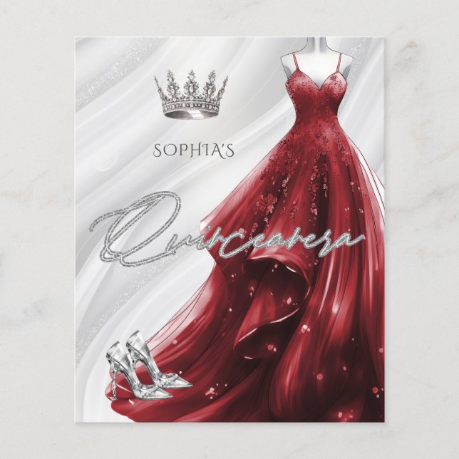Lámina Invitación Quinceañera con vestimenta roja borgoño (Anverso)