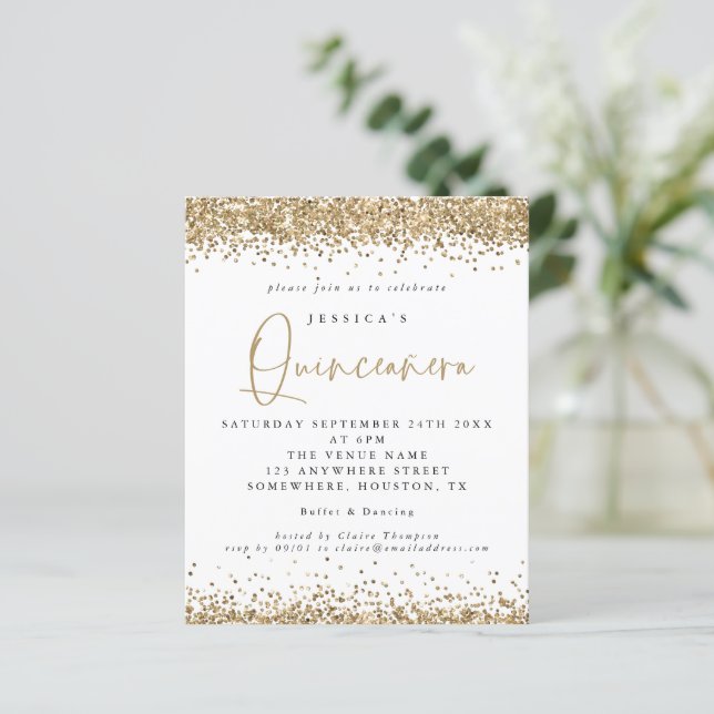 Lámina Invitación Quinceanera de borde Purpurina de oro d (Anverso de pie)