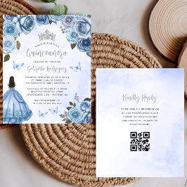 Lámina Invitación Quinceañera de código QR floral azul de