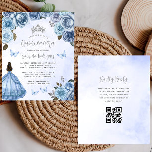Lámina Invitación Quinceañera de código QR floral azul de