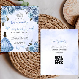 Lámina Invitación Quinceañera de código QR floral azul de