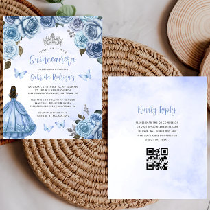 Lámina Invitación Quinceañera de código QR floral azul de