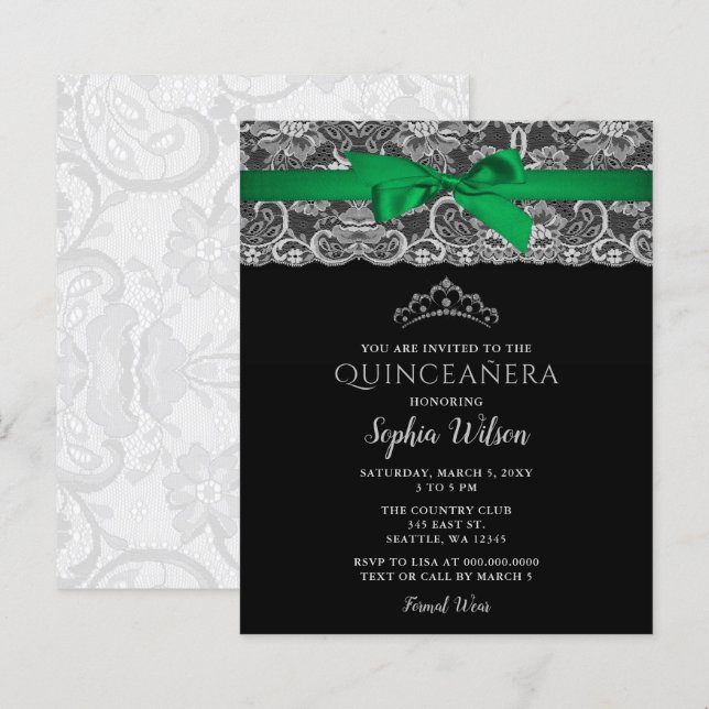 Lámina Invitación Quinceañera de encaje verde de presupue (Anverso / Reverso)