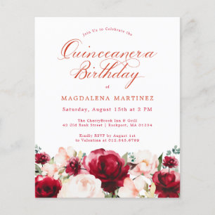 Lámina Invitación Quinceanera de flor roja rosada y presu