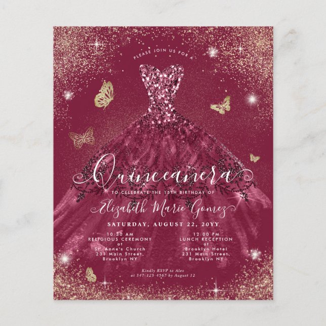 Lámina Invitación Quinceanera de la bata de oro rojo de B (Anverso)