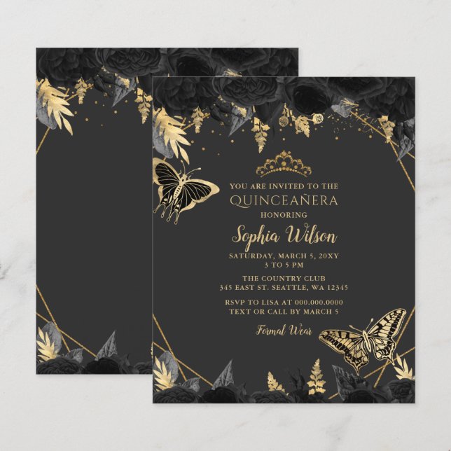 Lámina Invitación Quinceañera de la mariposa de oro negro (Anverso / Reverso)