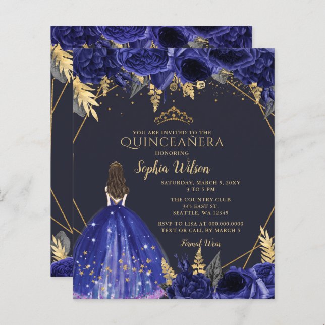 Lámina Invitación Quinceañera de la Princesa Azul Real de (Anverso / Reverso)