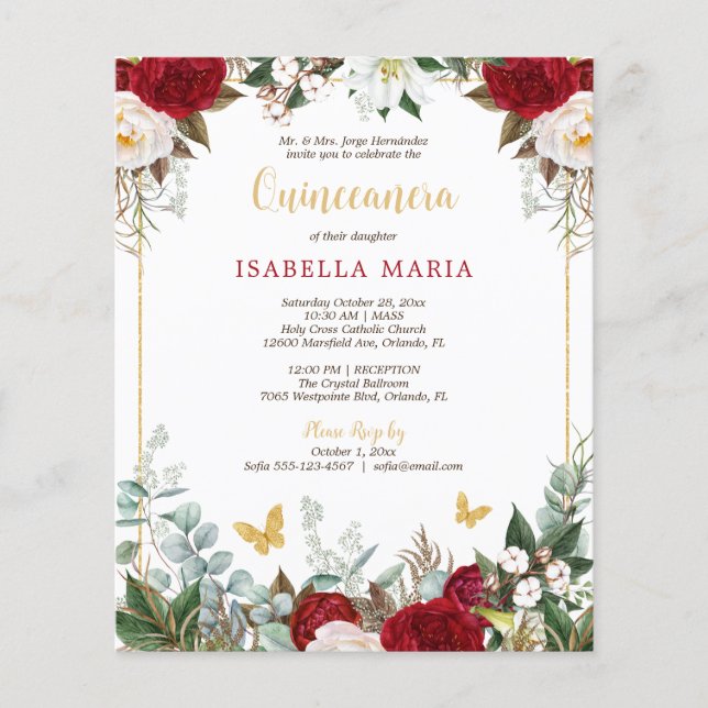 Lámina Invitación Quinceañera de mariposa floral roja pre (Anverso)