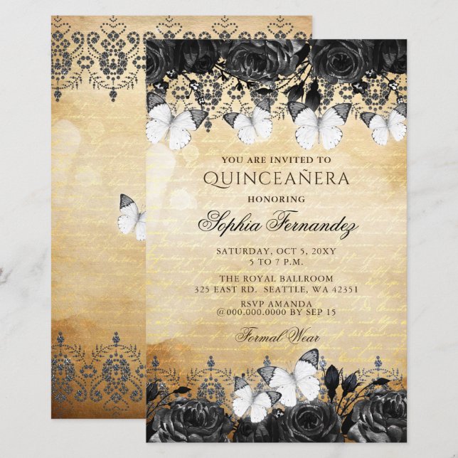 Lámina Invitación Quinceañera de mariposa negra de presup (Anverso / Reverso)