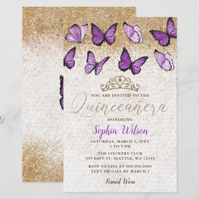 Lámina Invitación Quinceañera de mariposa púrpura de pres (Anverso / Reverso)