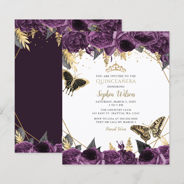 Lámina Invitación Quinceañera de mariposa púrpura de pres (Anverso / Reverso)