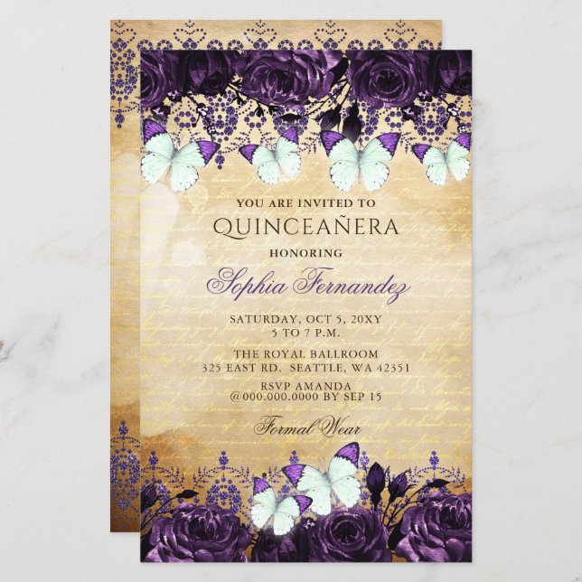 Lámina Invitación Quinceañera de mariposa púrpura de pres (Anverso / Reverso)