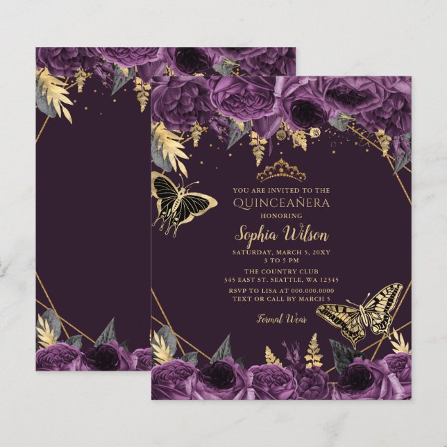 Lámina Invitación Quinceañera de mariposa púrpura de pres (Anverso / Reverso)