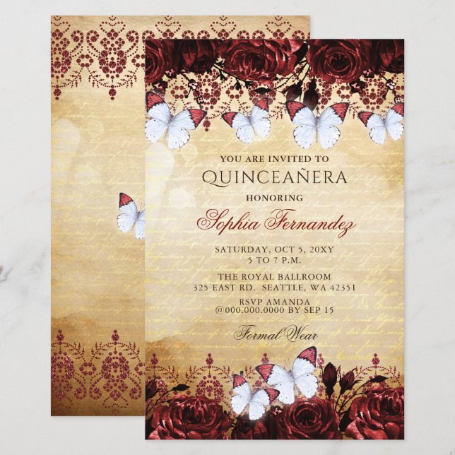 Lámina Invitación Quinceañera de mariposa roja de presupu (Anverso / Reverso)