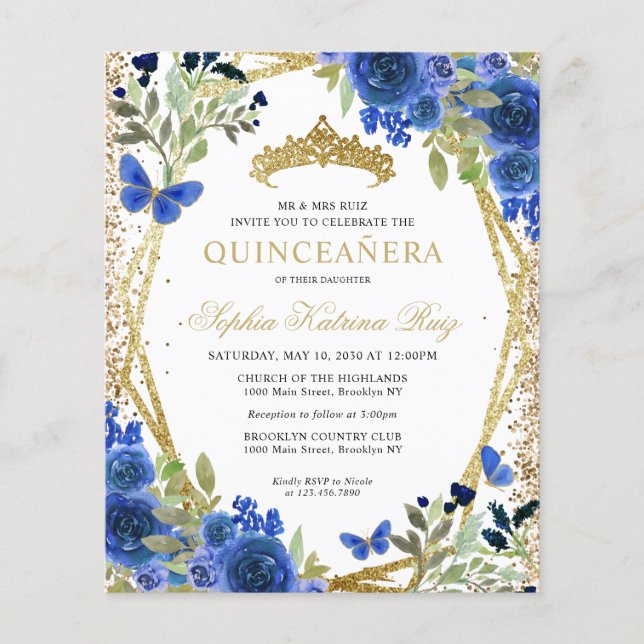 Lámina Invitación Quinceañera de oro azul de la Marina fl (Anverso)