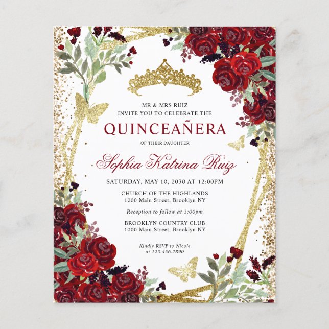 Lámina Invitación Quinceañera de oro floral borgoñona de  (Anverso)