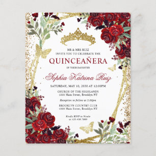 Lámina Invitación Quinceañera de oro floral borgoñona de 