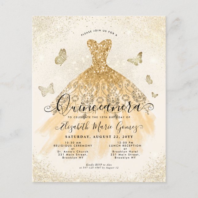 Lámina Invitación Quinceanera de oro ligero clásico de pr (Anverso)