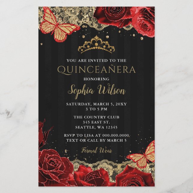 Lámina Invitación Quinceañera de Oro Negro Roses Roses Ro (Anverso)