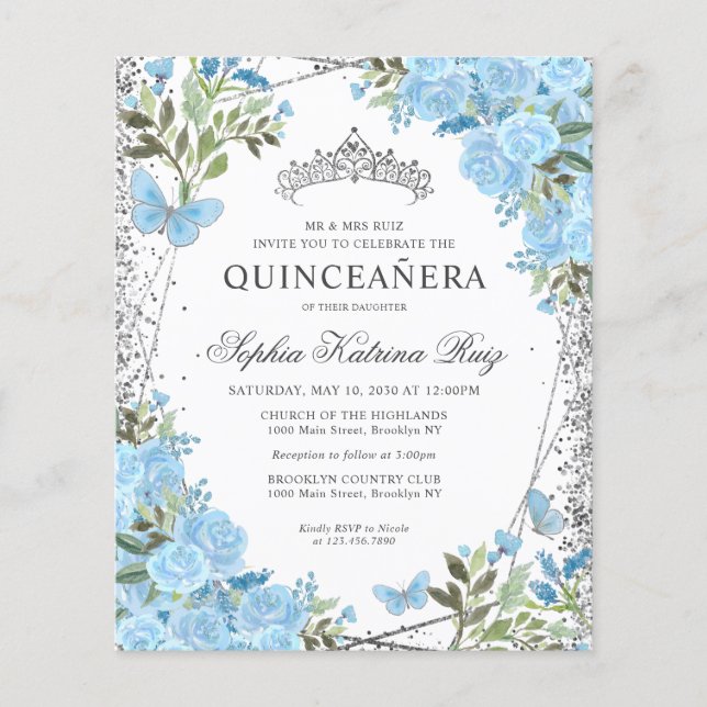 Lámina Invitación Quinceañera de Plata Azul Dusty Floral  (Anverso)