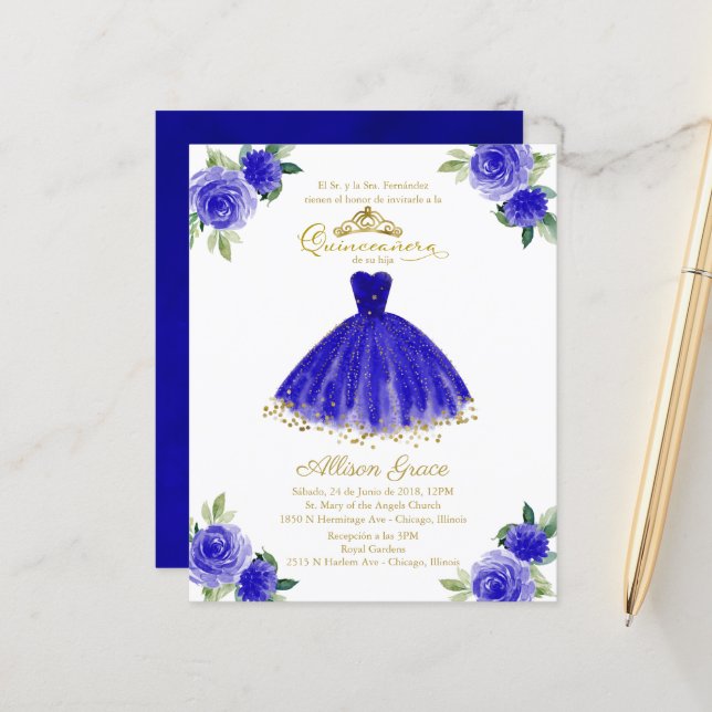 Lámina Invitación Quinceanera de presupuesto Azul Real Es (Anverso/Reverso In Situ)