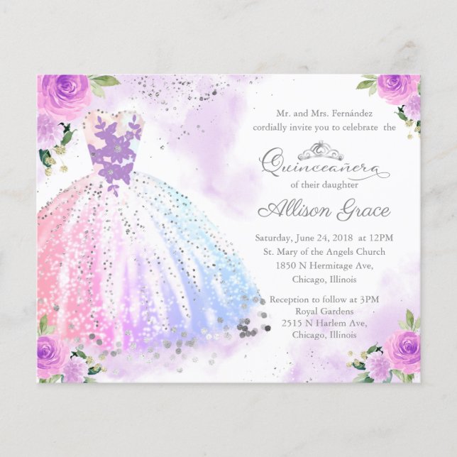 Lámina Invitación Quinceanera de presupuesto Colorido bil (Anverso)