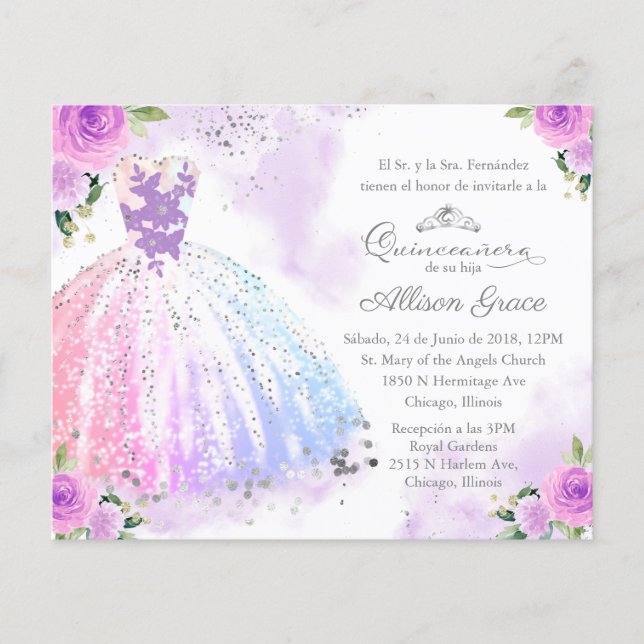 Lámina Invitación Quinceanera de presupuesto Colorido esp (Anverso)