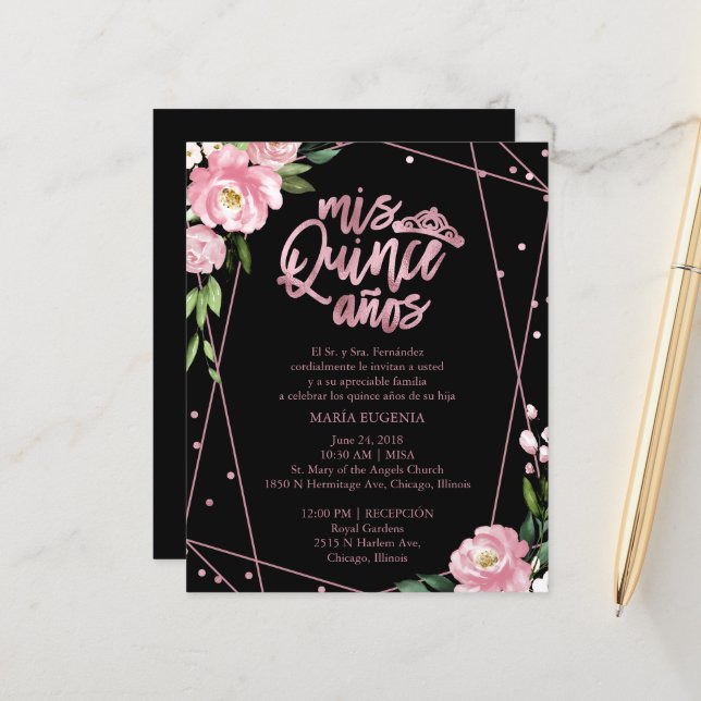 Lámina Invitación Quinceanera de presupuesto Negro rosado (Anverso/Reverso In Situ)
