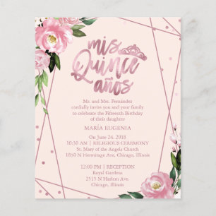 Lámina Invitación Quinceanera de presupuesto Rosa bilingü