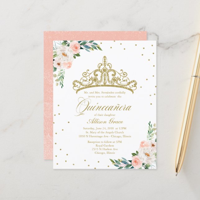 Lámina Invitación Quinceanera de presupuesto Tíara de oro (Anverso/Reverso In Situ)