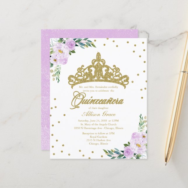 Lámina Invitación Quinceanera de presupuesto Tíara de oro (Anverso/Reverso In Situ)