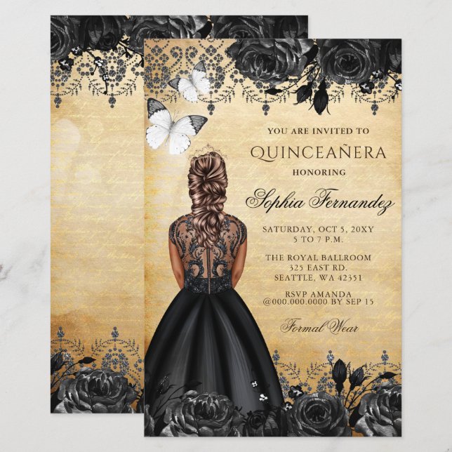Lámina Invitación Quinceañera de Princesa Negra Presupues (Anverso / Reverso)