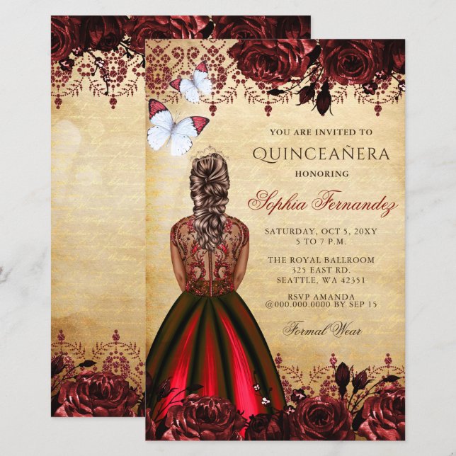 Lámina Invitación Quinceañera de Princesa Roja Presupuest (Anverso / Reverso)
