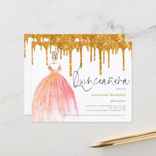 Lámina Invitación Quinceanera de Purpurinas de Oro Presup (Anverso/Reverso In Situ)